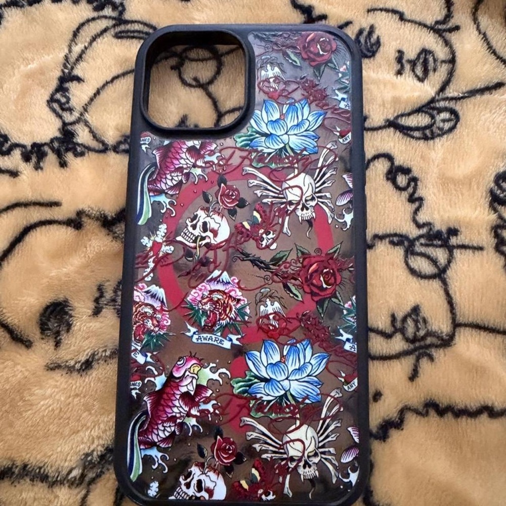 Black Floral & Skull Phone Case with Multicolor Tattoo Artwork